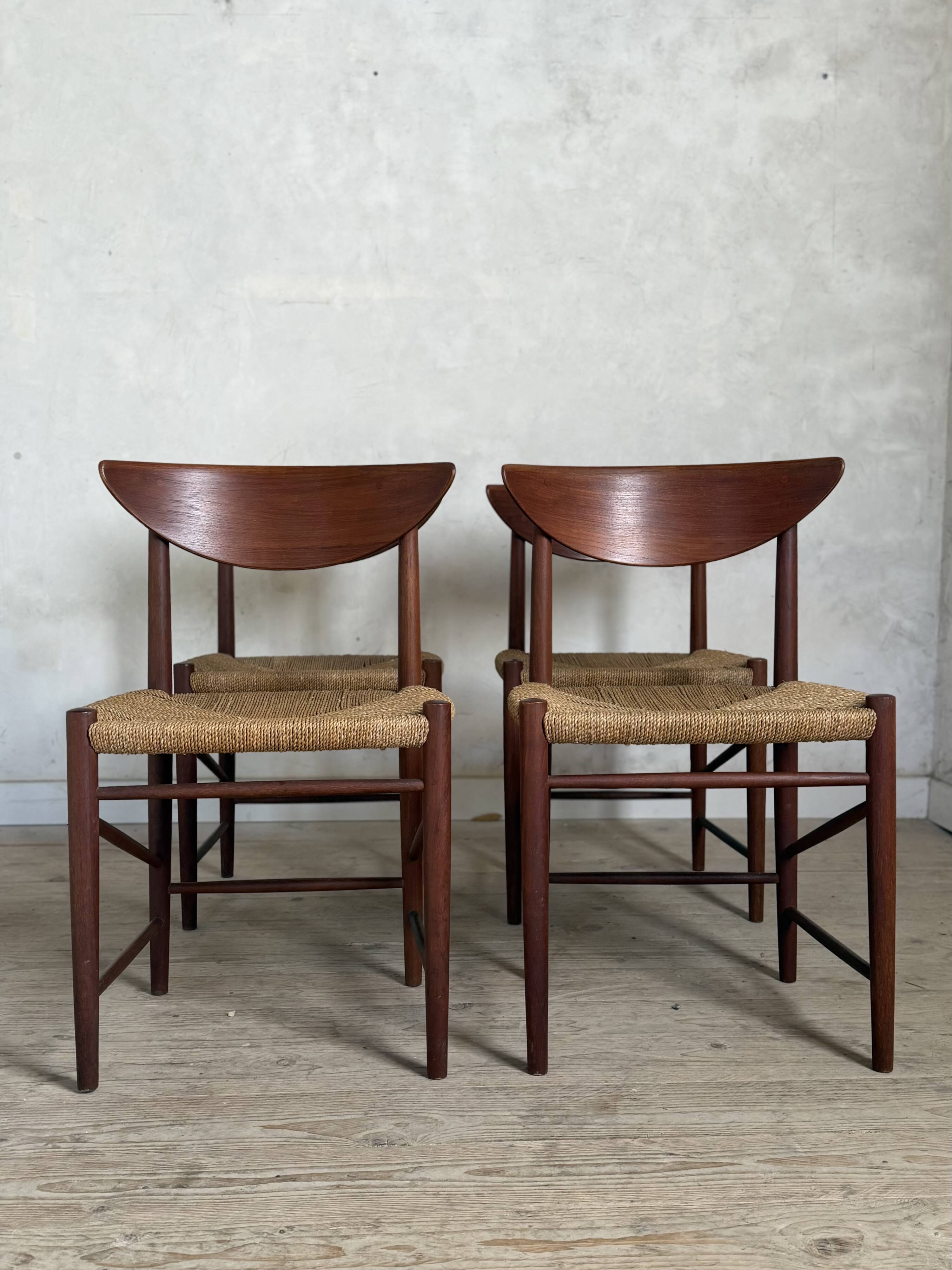 Danish vintage chairs in teak and cord by Peter Hvidt