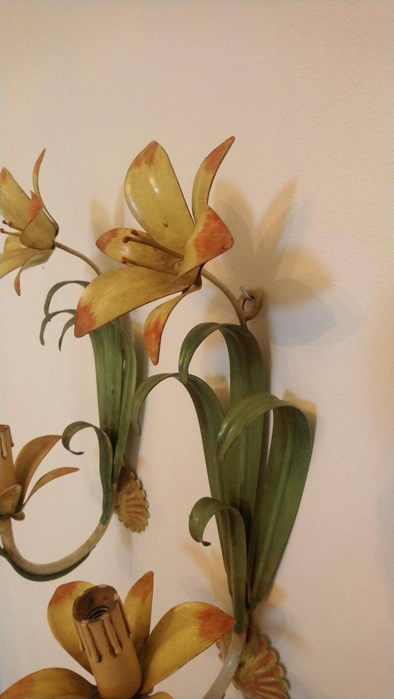 Floral single-arm wall lights, wall sconces, toleware, French vintage enamel.