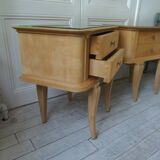 Pair of vintage bedside tables in raw wood, mirrored tops.