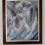 Original Swedish Mid-Century Oil on Canvas "Leap" by Ebbe Höglund  signed  - Vintage & Framed