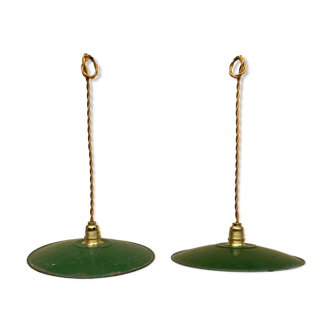 Vintage suspension duo in enamelled sheet metal style indus green and white
