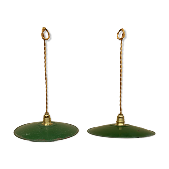 Duo de suspension vintage en tôle émaillée style ferme indus vert et blanc