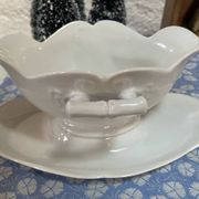 Antique porcelain sauce boat with bamboo pattern.