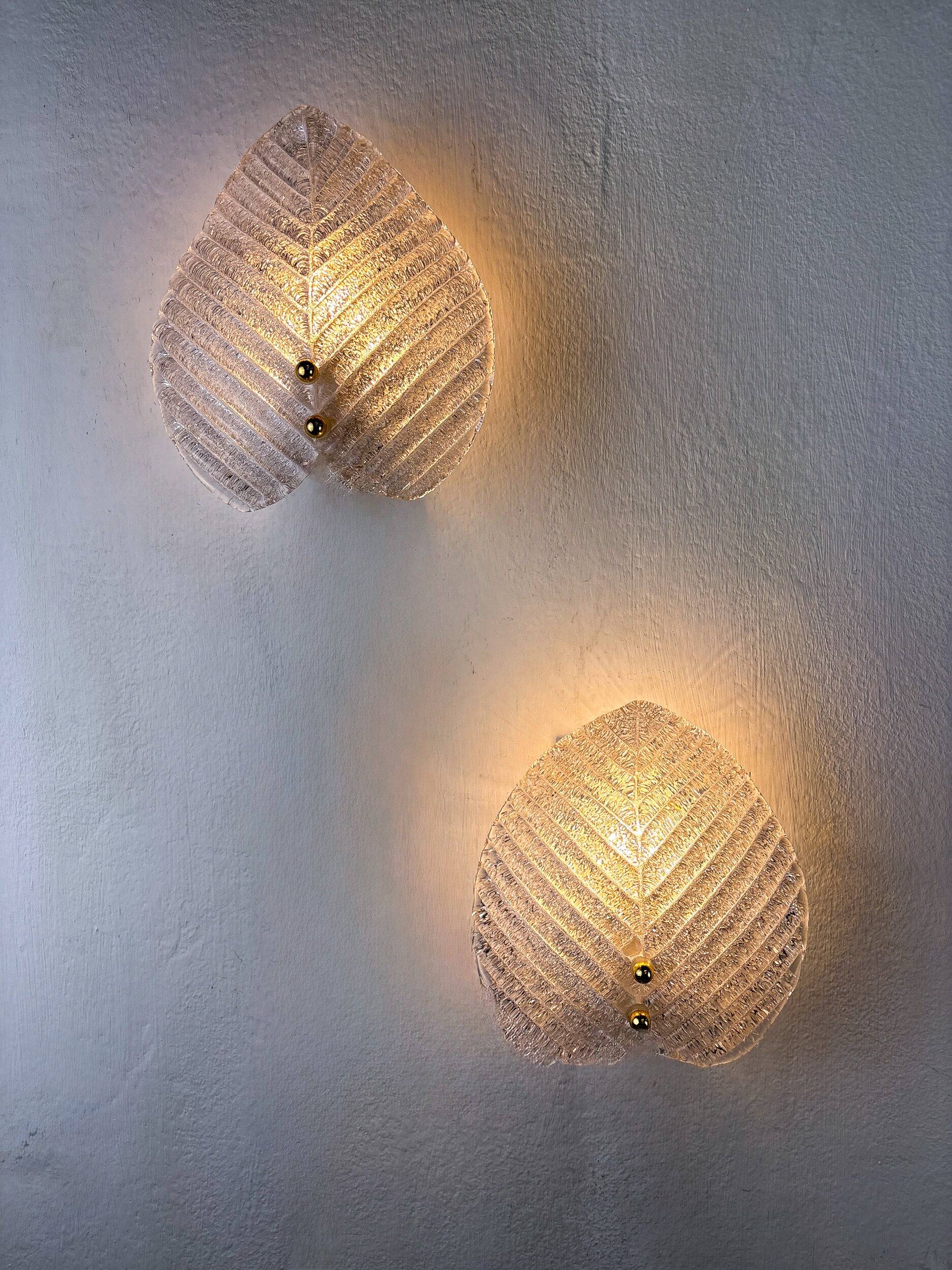 Pair of Murano frosted leaf sconces, textured glass & gilt details, Italy, 1970