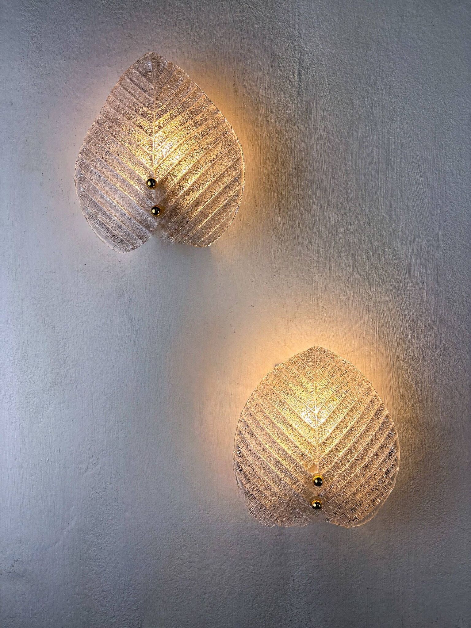 Pair of Murano frosted leaf sconces, textured glass & gilt details, Italy, 1970