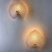 Pair of Murano frosted leaf sconces, textured glass & gilt details, Italy, 1970