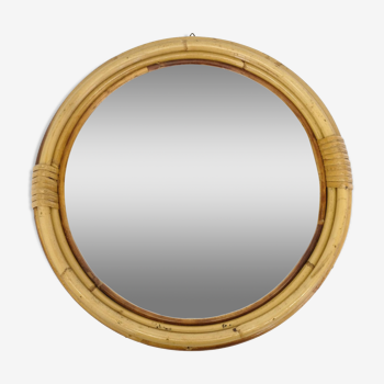 Petit miroir rond en bambou des années 70-80, 37cm.