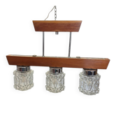 Mid-century pendant lamp with wooden frame and three pressed glass shades,