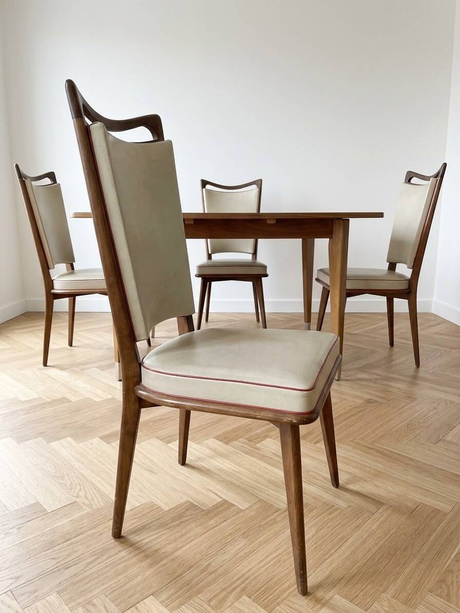 Set of 5 vintage 1950s dining chairs in wood and white.