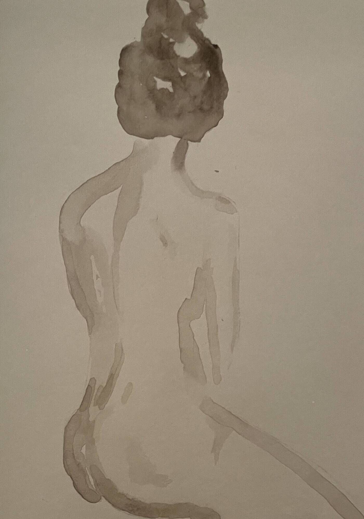 Signed painting monochrome watercolor sepia female portrait "the wait"