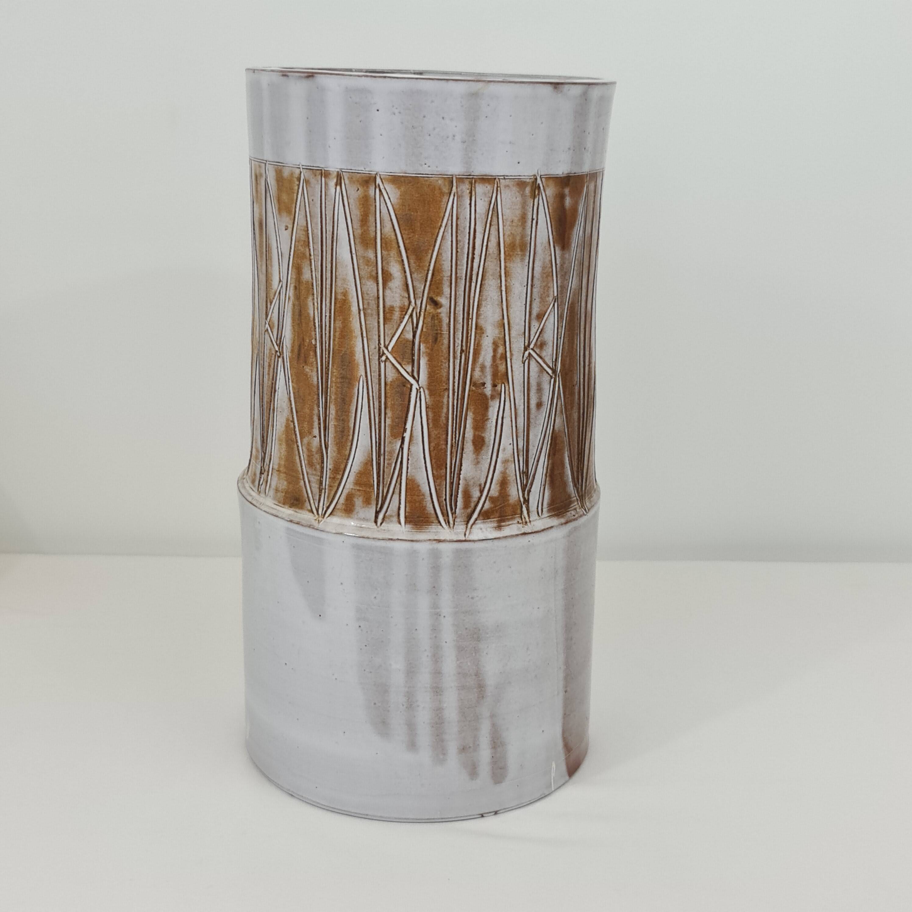 Large ceramic cylinder vase by Les Argonautes