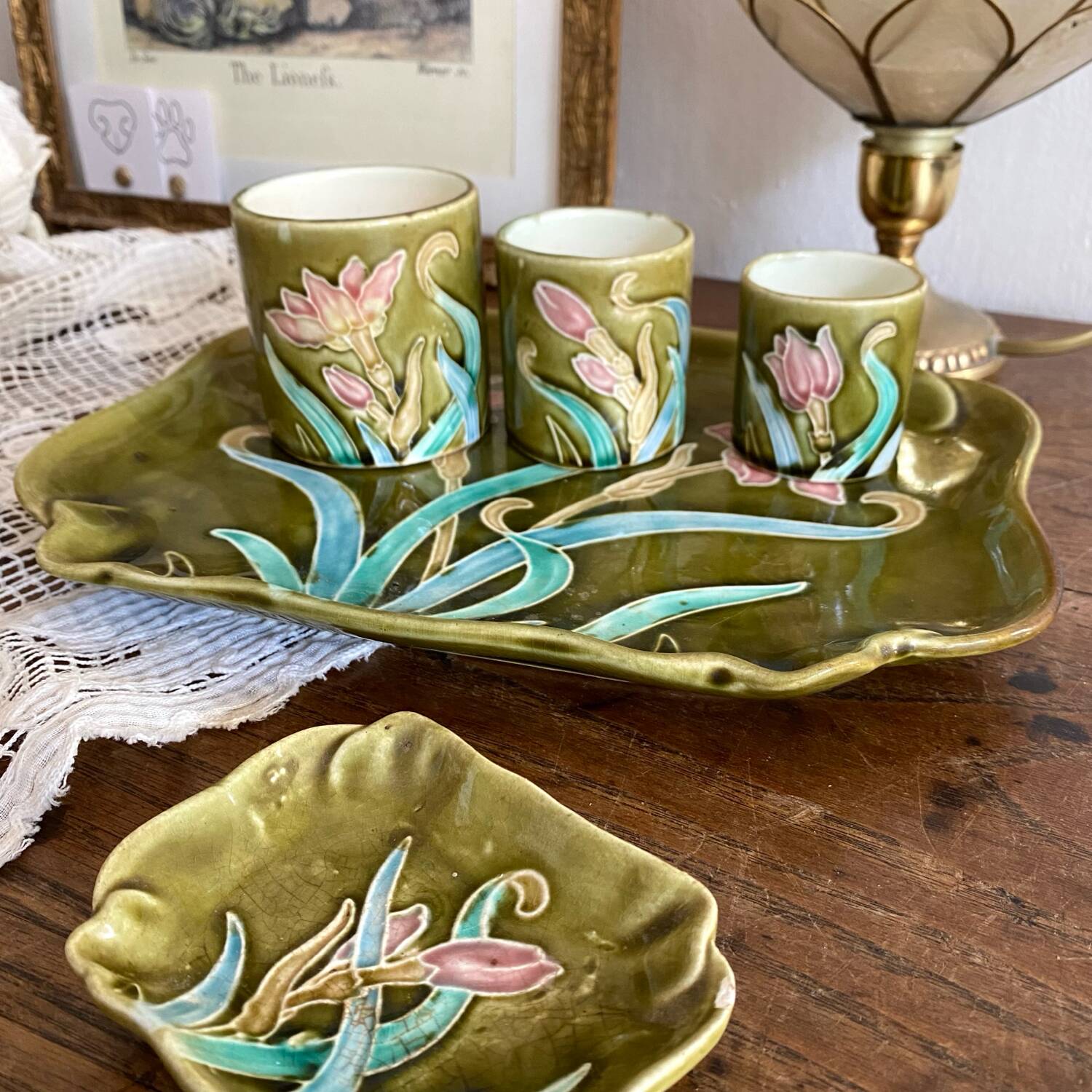 Antique Art Nouveau barbotine tobacco service