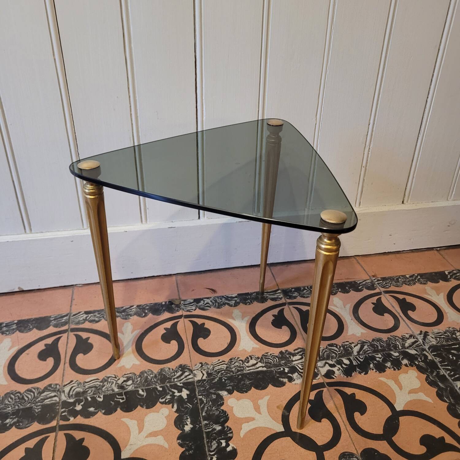 Tripod table in smoked glass – triangular top – 1950s–1960s