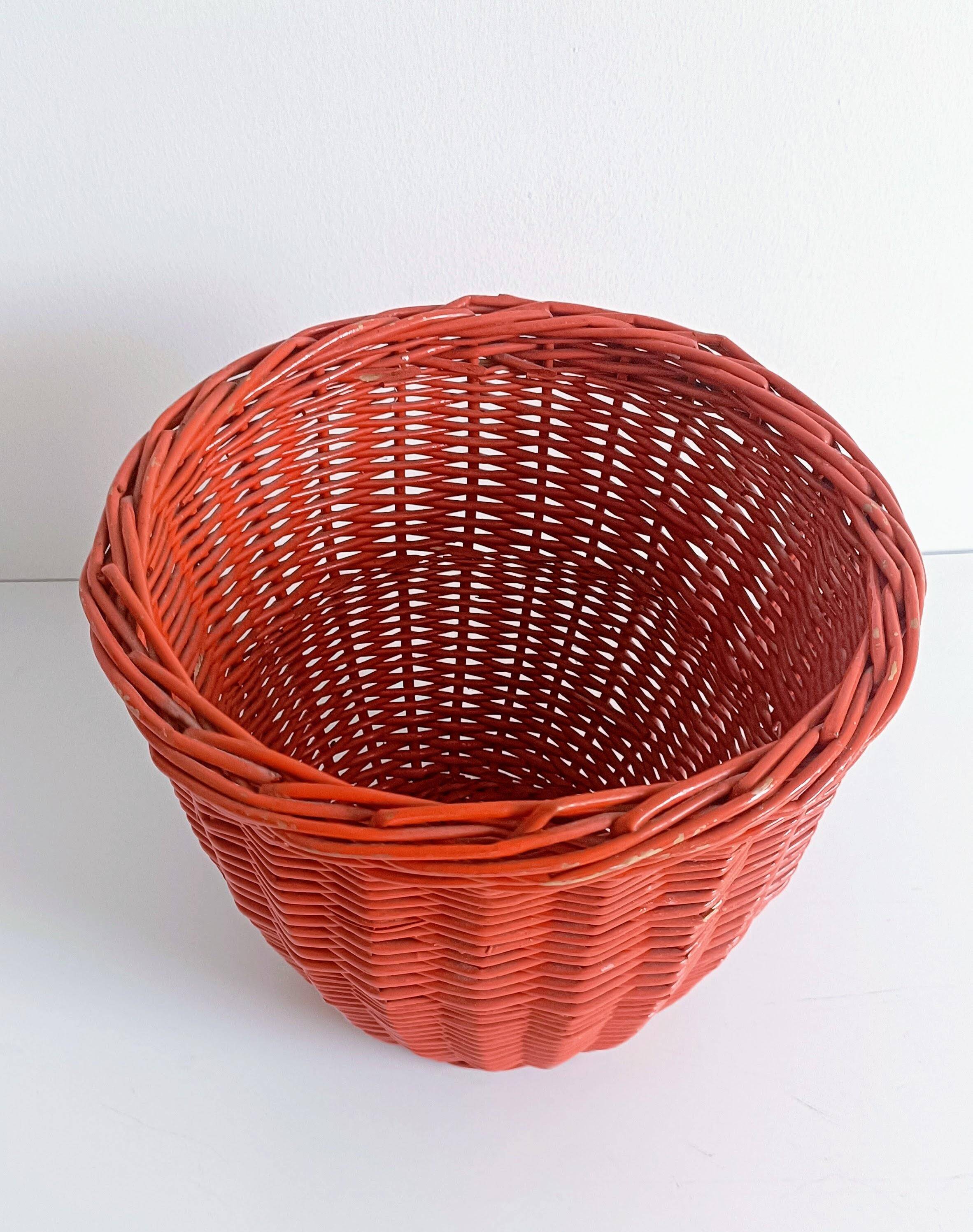 Bohemian Mid-Century Coral Red Wicker Basket, France, circa 1960s