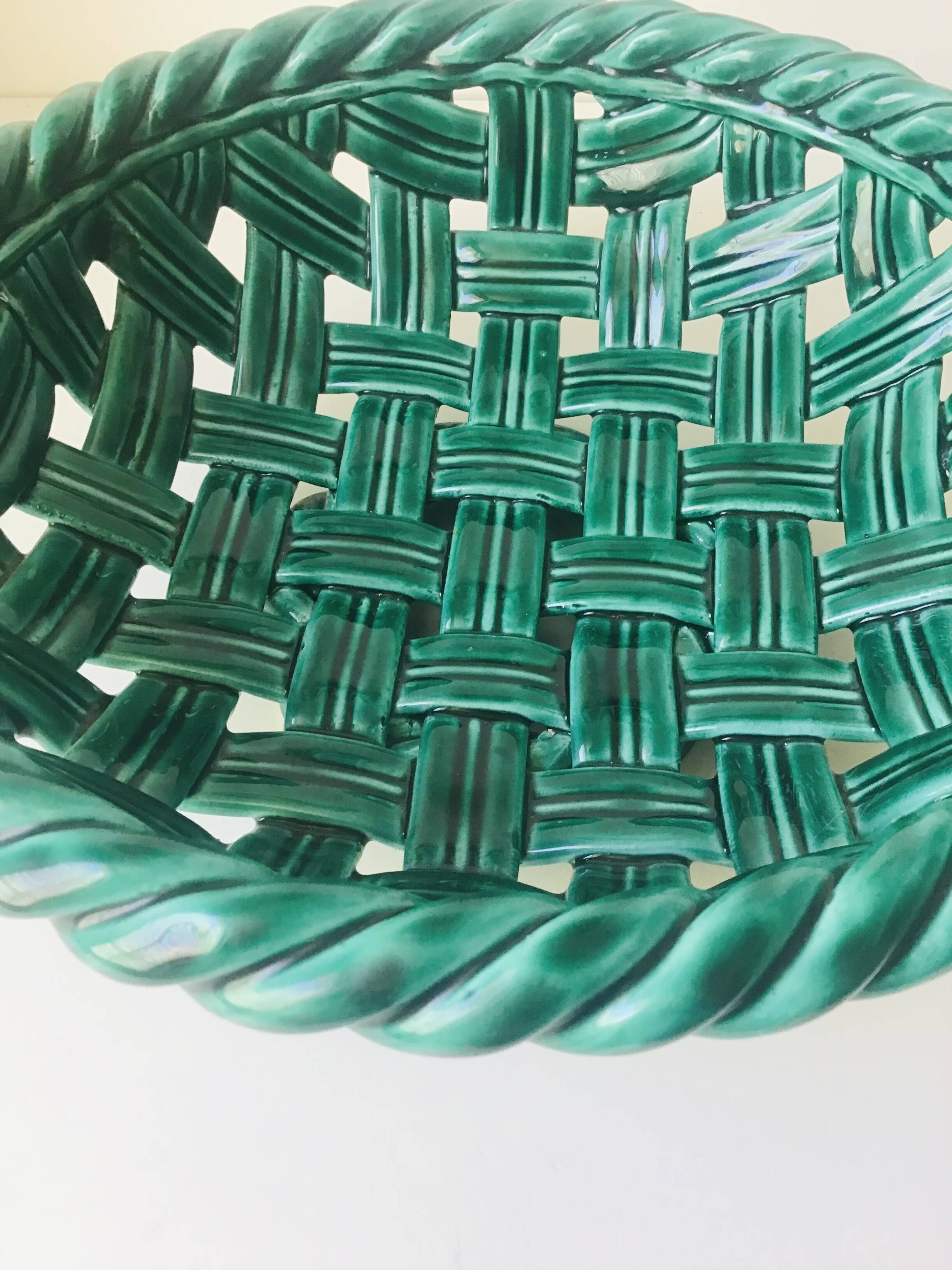 Large green woven ceramic bowl