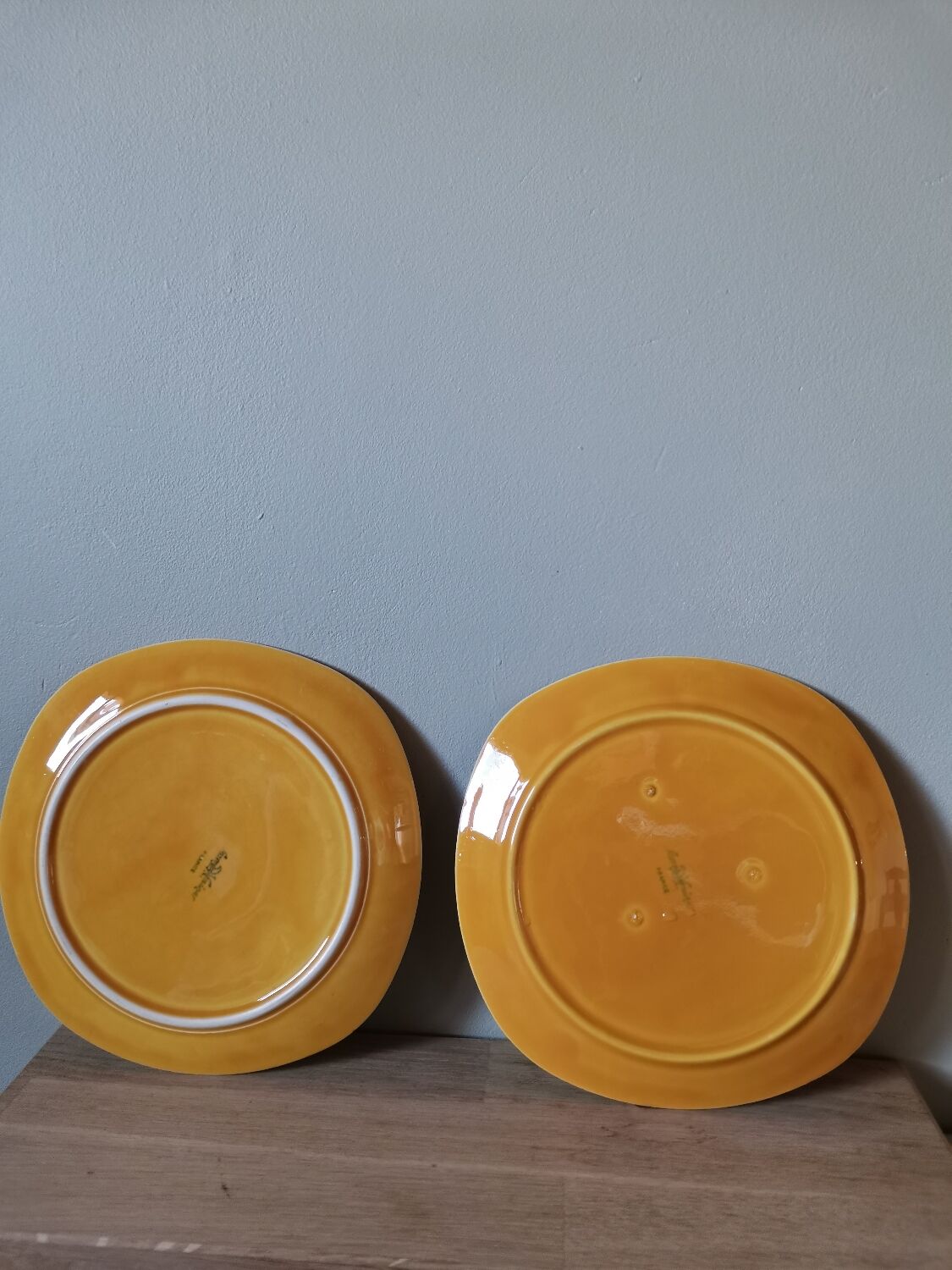 Set of 2 vintage yellow barbotine plates Sarreguemines France
