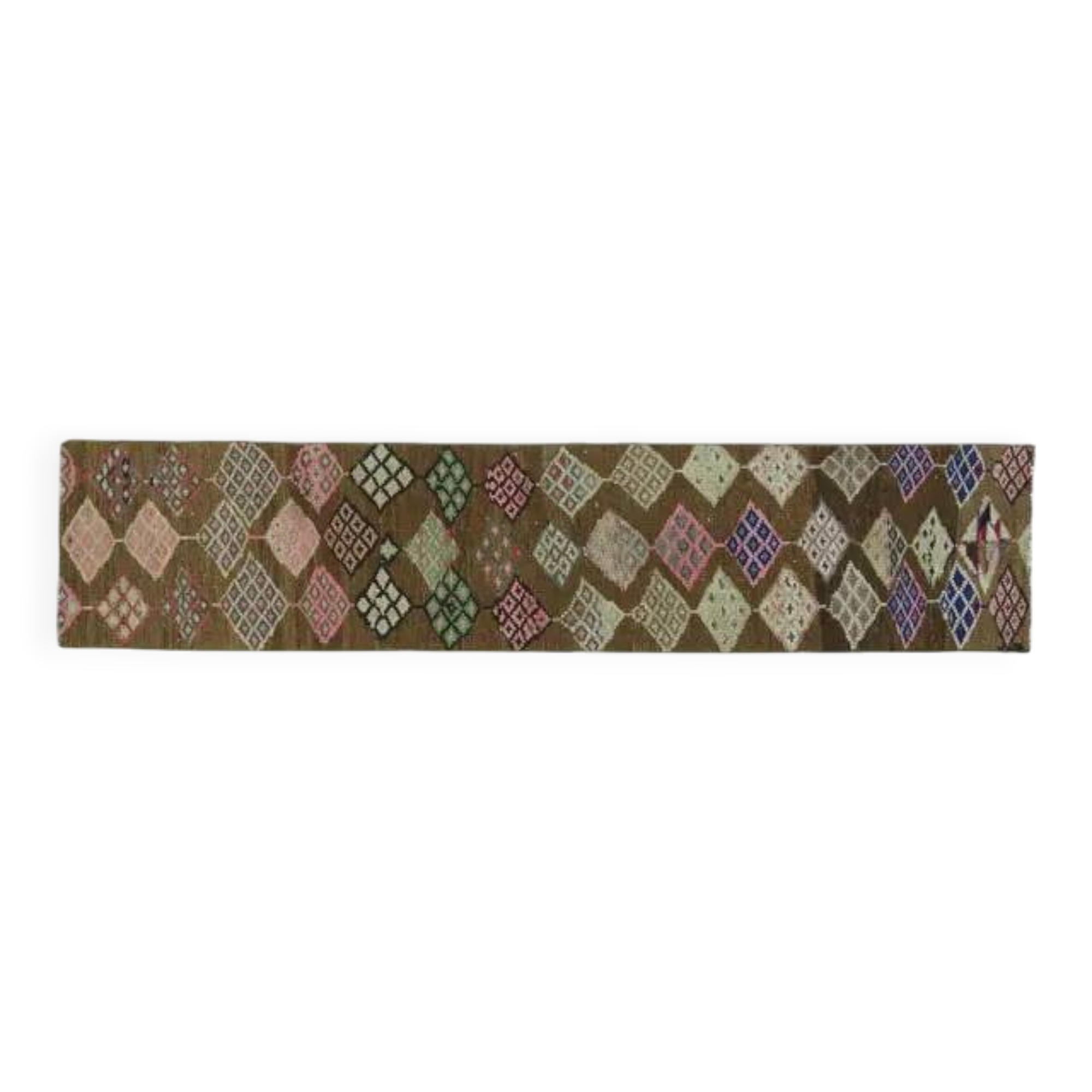 Tapis de couloir vintage turc Oushak fait main en laine et coton marron, années 1970