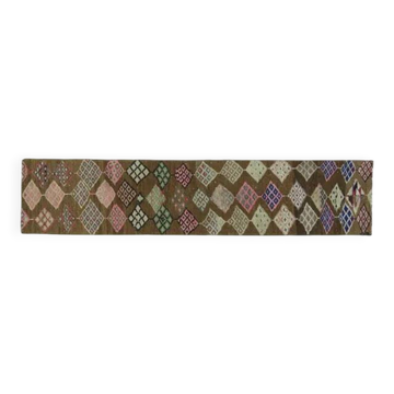 1970s Vintage Turkish Oushak Handmade Wool Cotton Brown Runner Rug 63x295