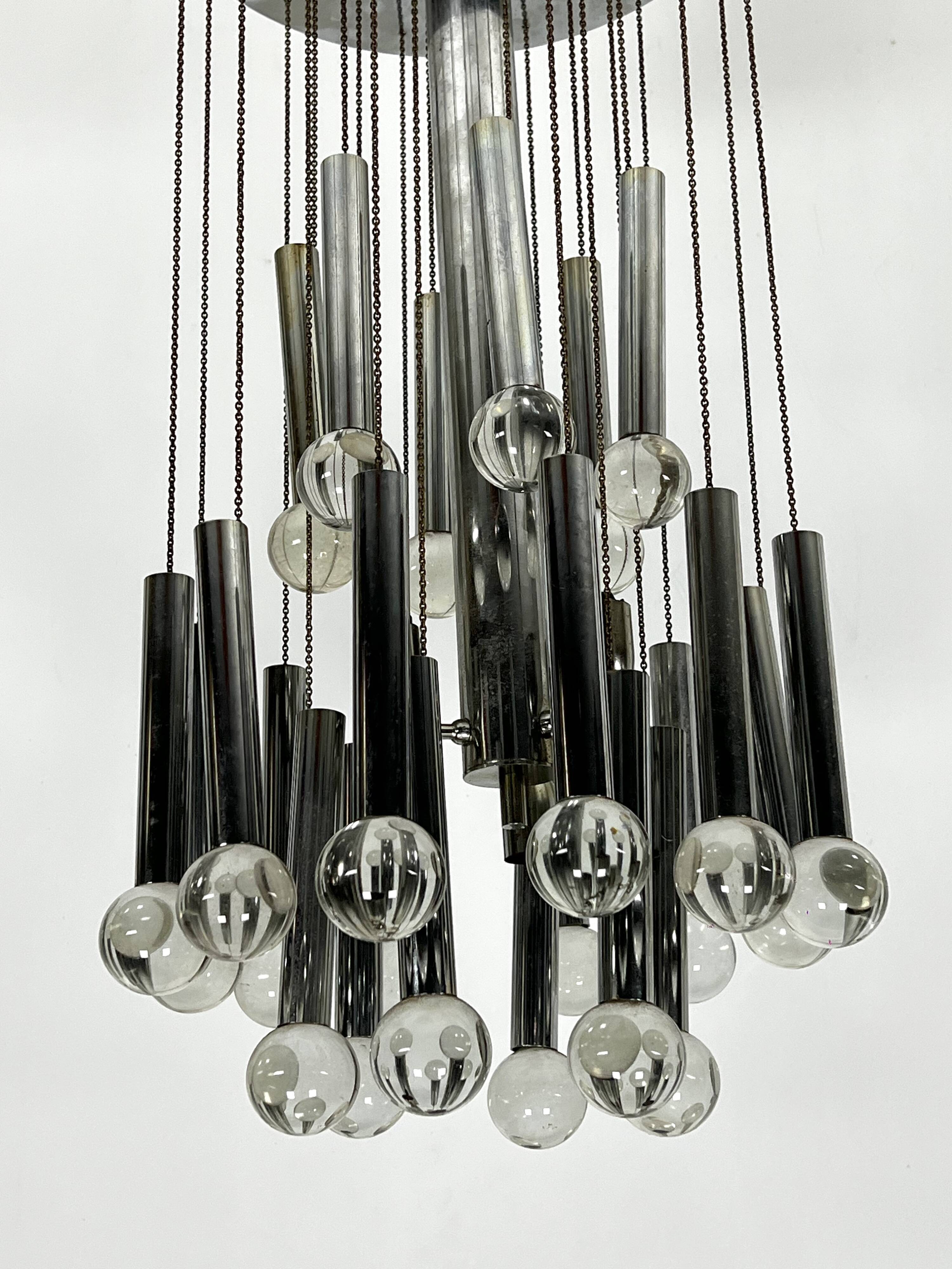 Sciolari, iconic glass sphere and chrome chandelier. Italy 1960s