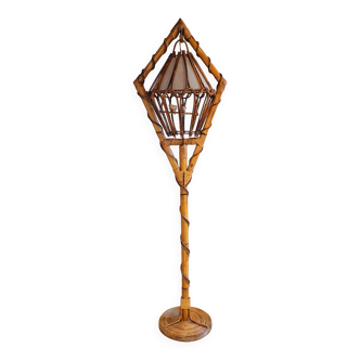 Old vintage bamboo rattan Louis Sognot floor lamp from the 50s and 60s