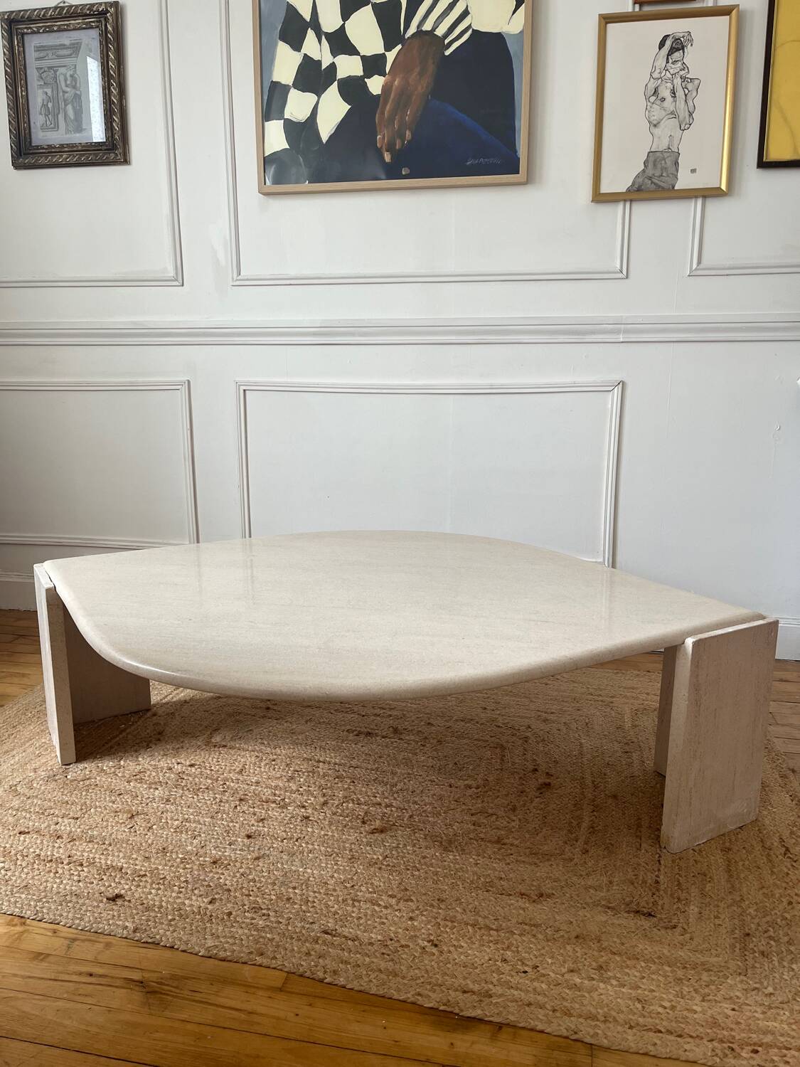 Rochebobois travertine eye-shaped coffee table