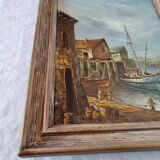 Peinture sur toile peinte à l'huile originale signée scènes de bateaux et de port du début du 20ème