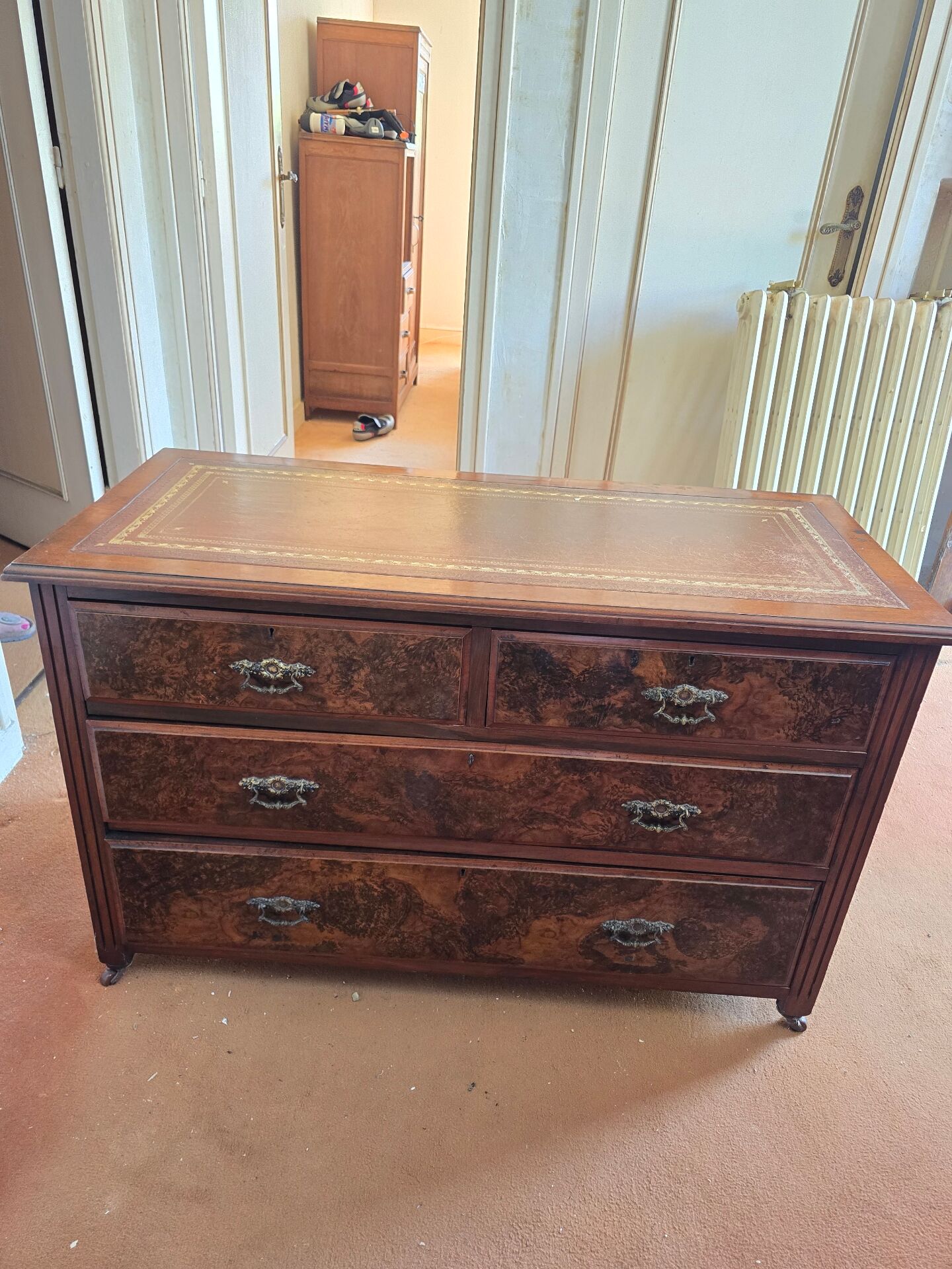Antique wooden commode, gilded leather, 114cm