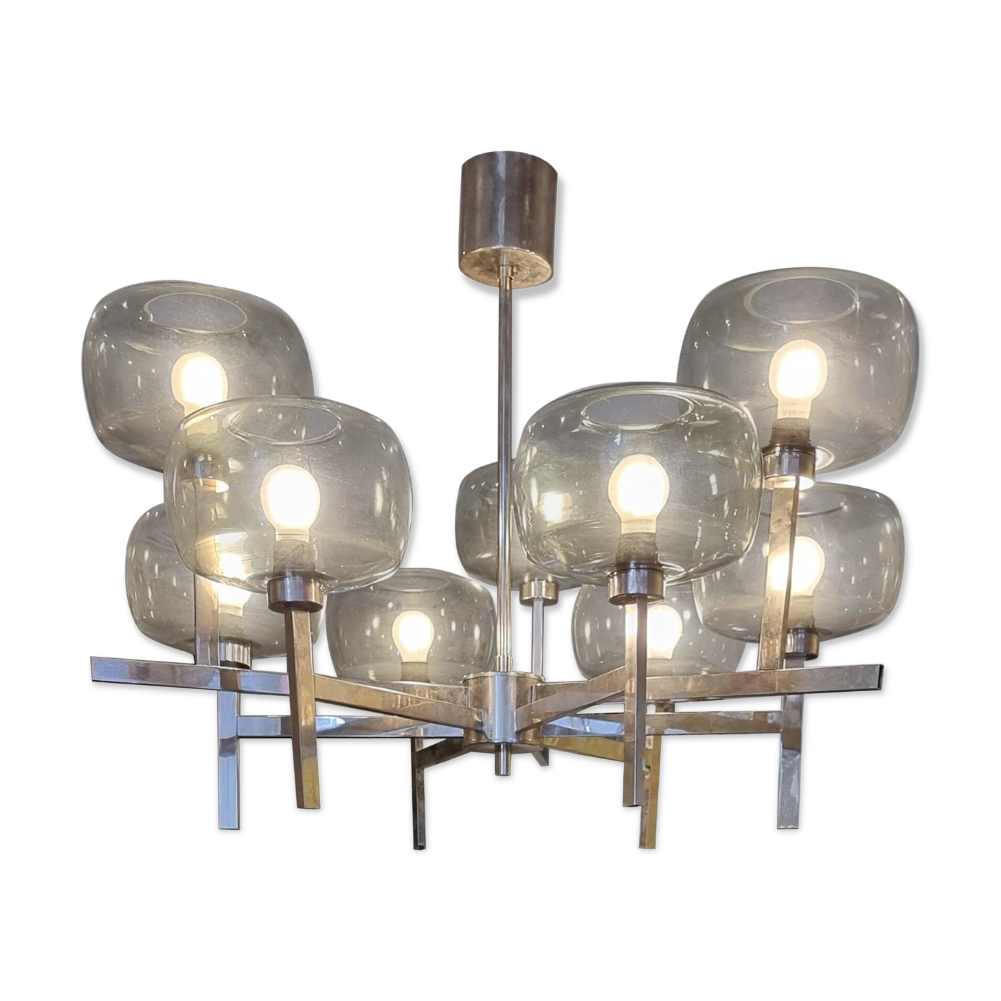 Timeless modern Scandinavian / mid-century chandelier in chrome and smoked glass.