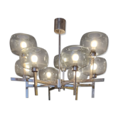 Lustre intemporel de style scandinave moderne / milieu du siècle, en chrome et verre fumé.