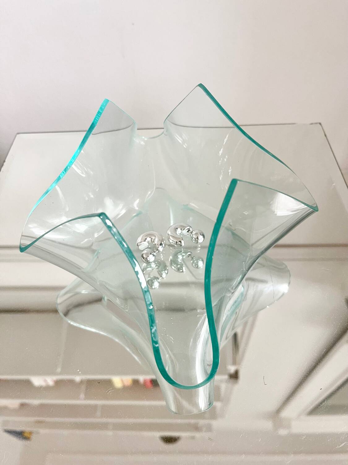 1970s glass trinket tray shaped like a handkerchief