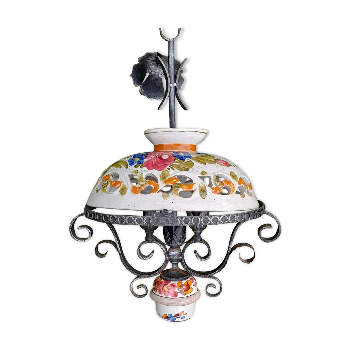 Suspension/chandelier old ceramic openwork flowers & wrought iron, circa 1960