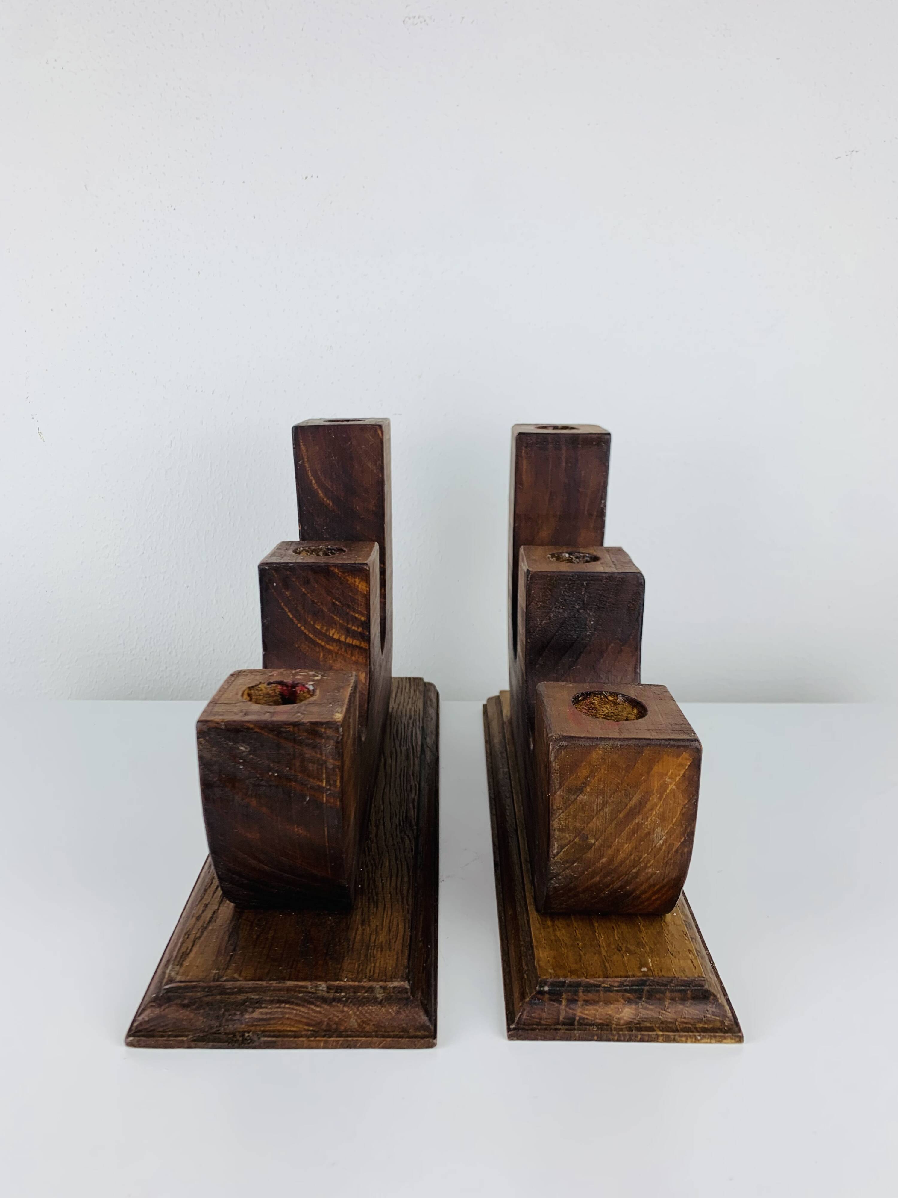 Pair of brutalist wooden candlesticks, 1960s