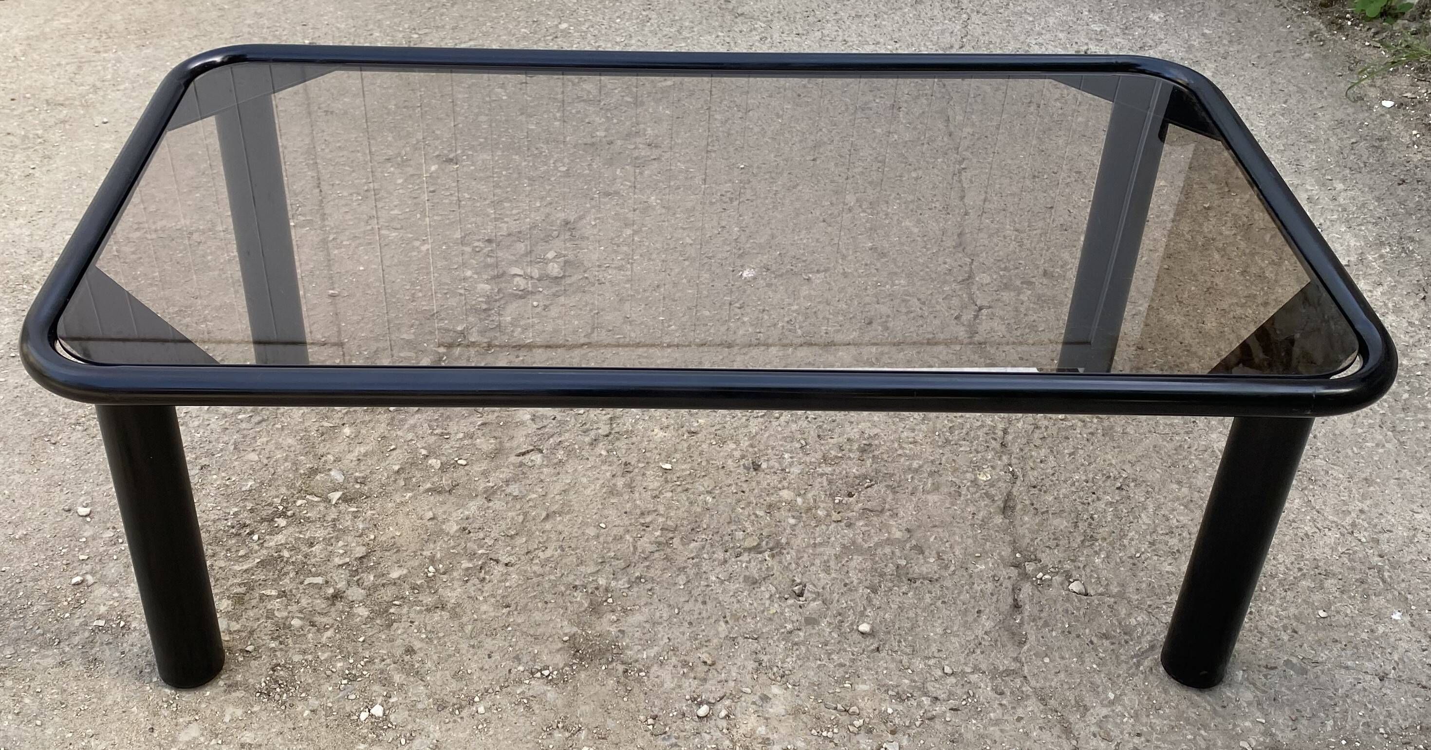 Black tubular coffee table with smoked glass by Yves Boutboul, 1980.