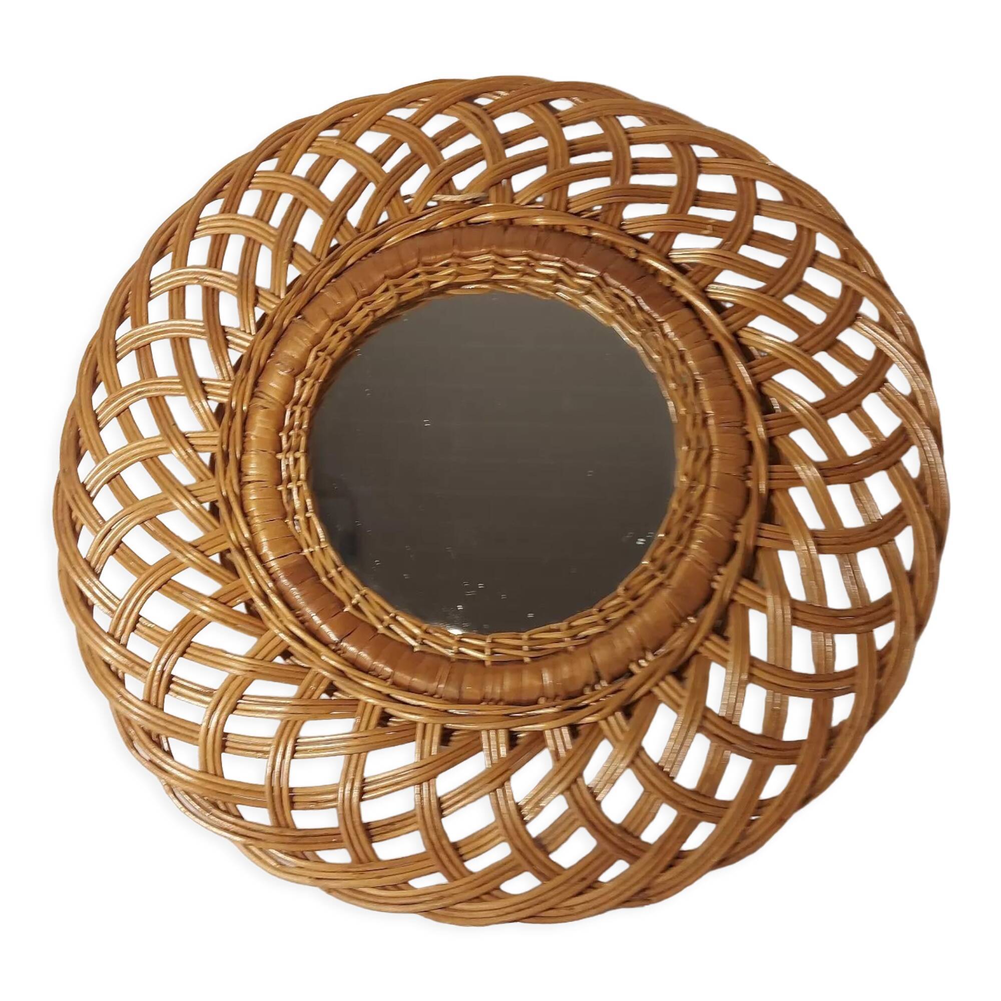 Miroir rond en rotin vers 1970