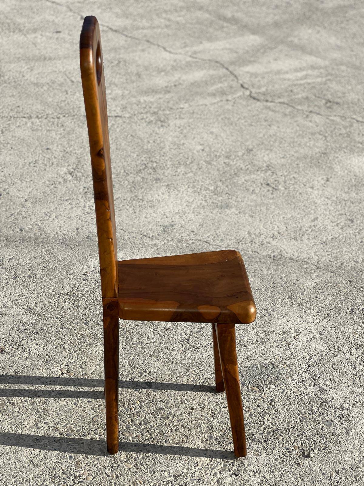 Sculptural high-back chair in solid olive wood, France, 1960s