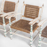 Set of vintage wooden and woven rope armchairs with a matching table. Spain, 1960s.