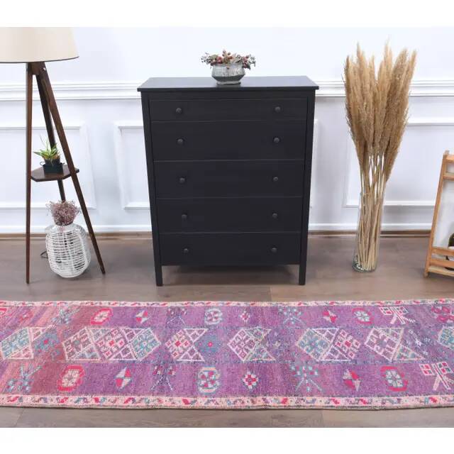 Vintage Turkish Oushak Handmade Cotton Purple Wool Runner Rug 80x348