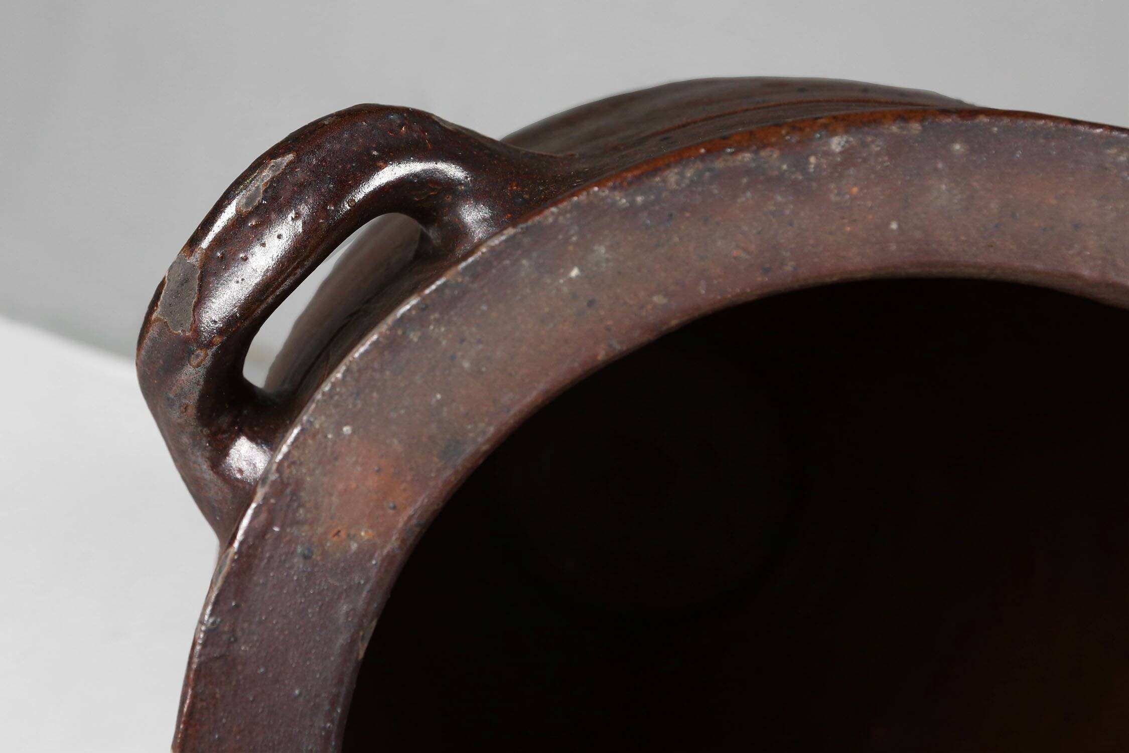 Signed Rustic Large Glazed Brown Ceramic Pot, Belgium, 1800s