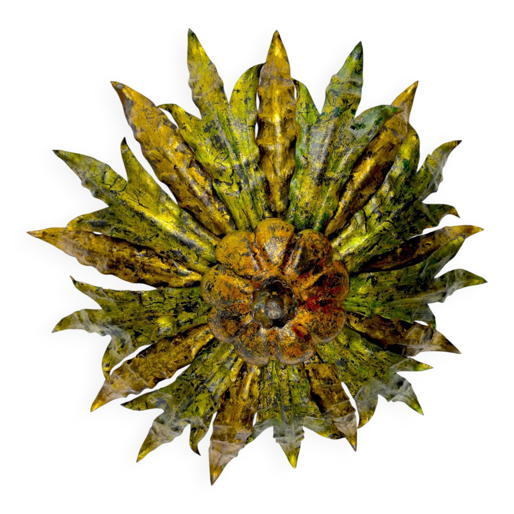 Mid-century Spanish sunburst foliage ceiling light fixture or sconce, green and gilt iron, 1950s