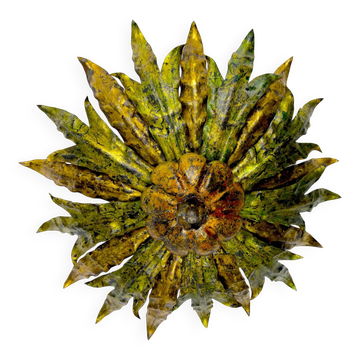 Mid-century Spanish sunburst foliage ceiling light fixture or sconce, green and gilt iron, 1950s