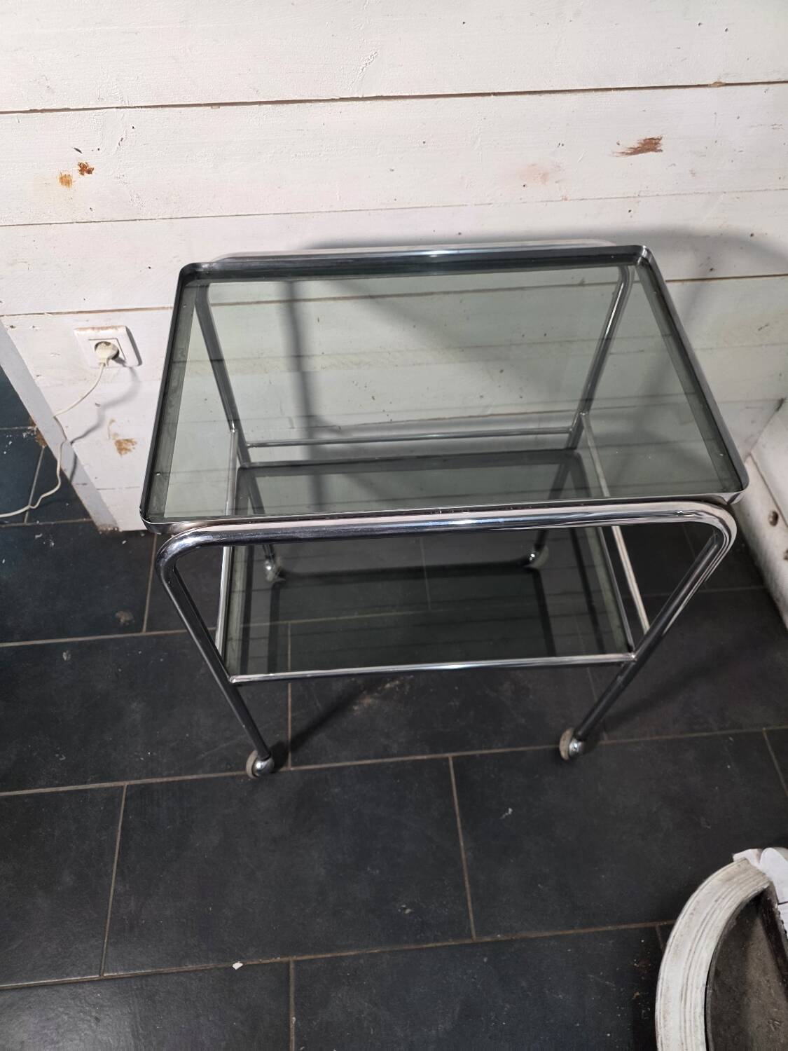 Vintage chrome metal dessert trolley with smoked glass from the 1970s.