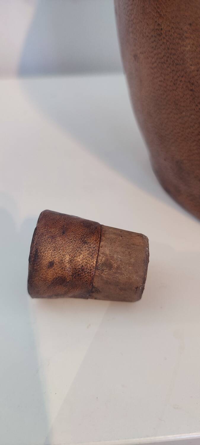 Gargoulette, terracotta jug covered with leather