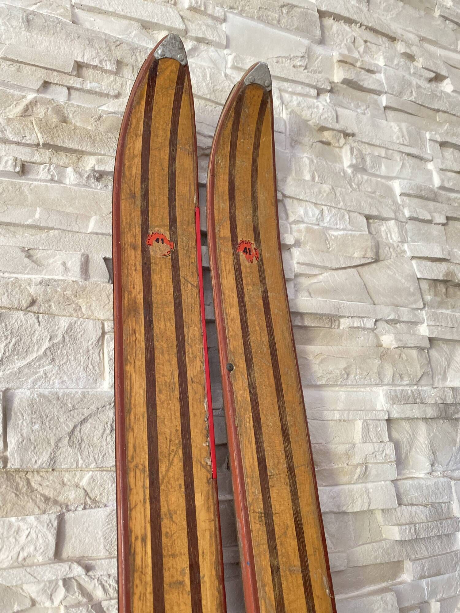 Pair of vintage Rossignol Hickory wooden skis