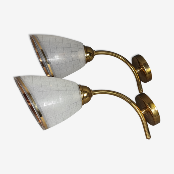 Pair of wall sconces frosted glass & brass 50