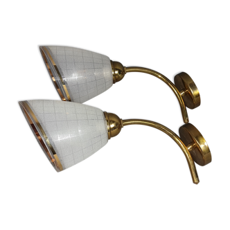Pair of wall sconces frosted glass & brass 50