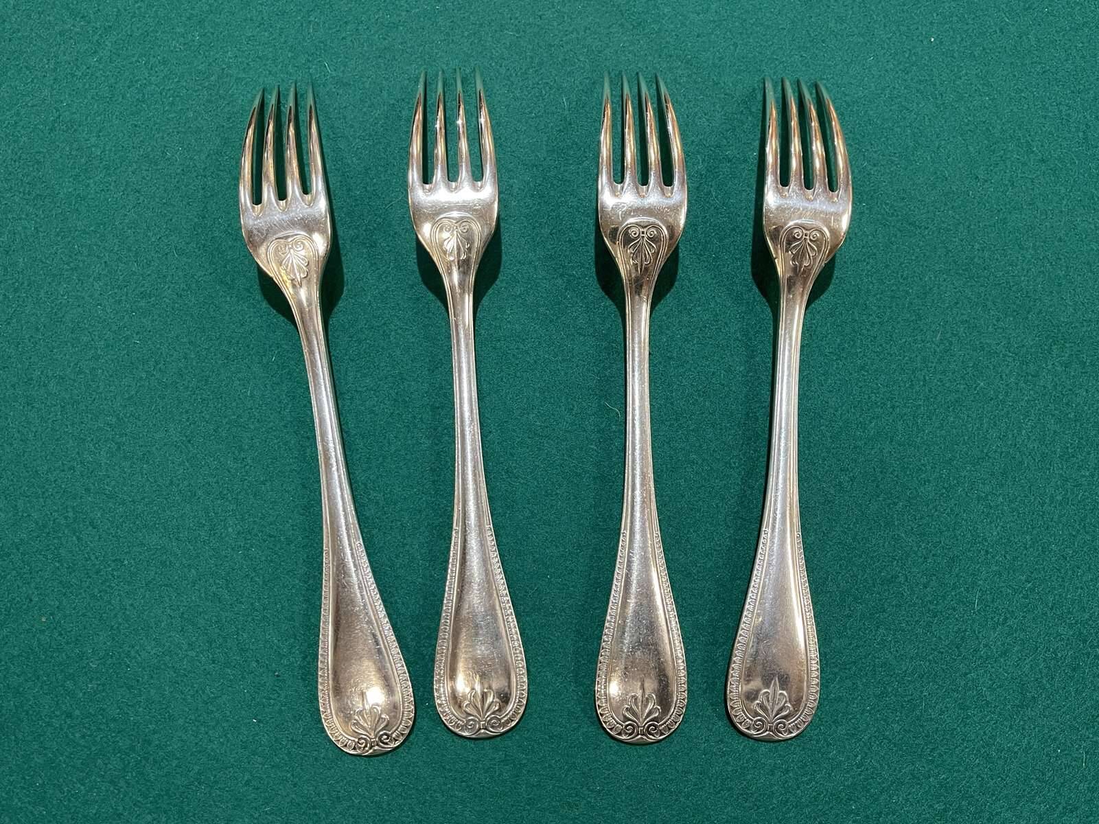 Set of 4 large silver-plated metal forks by Christofle, Malmaison model.