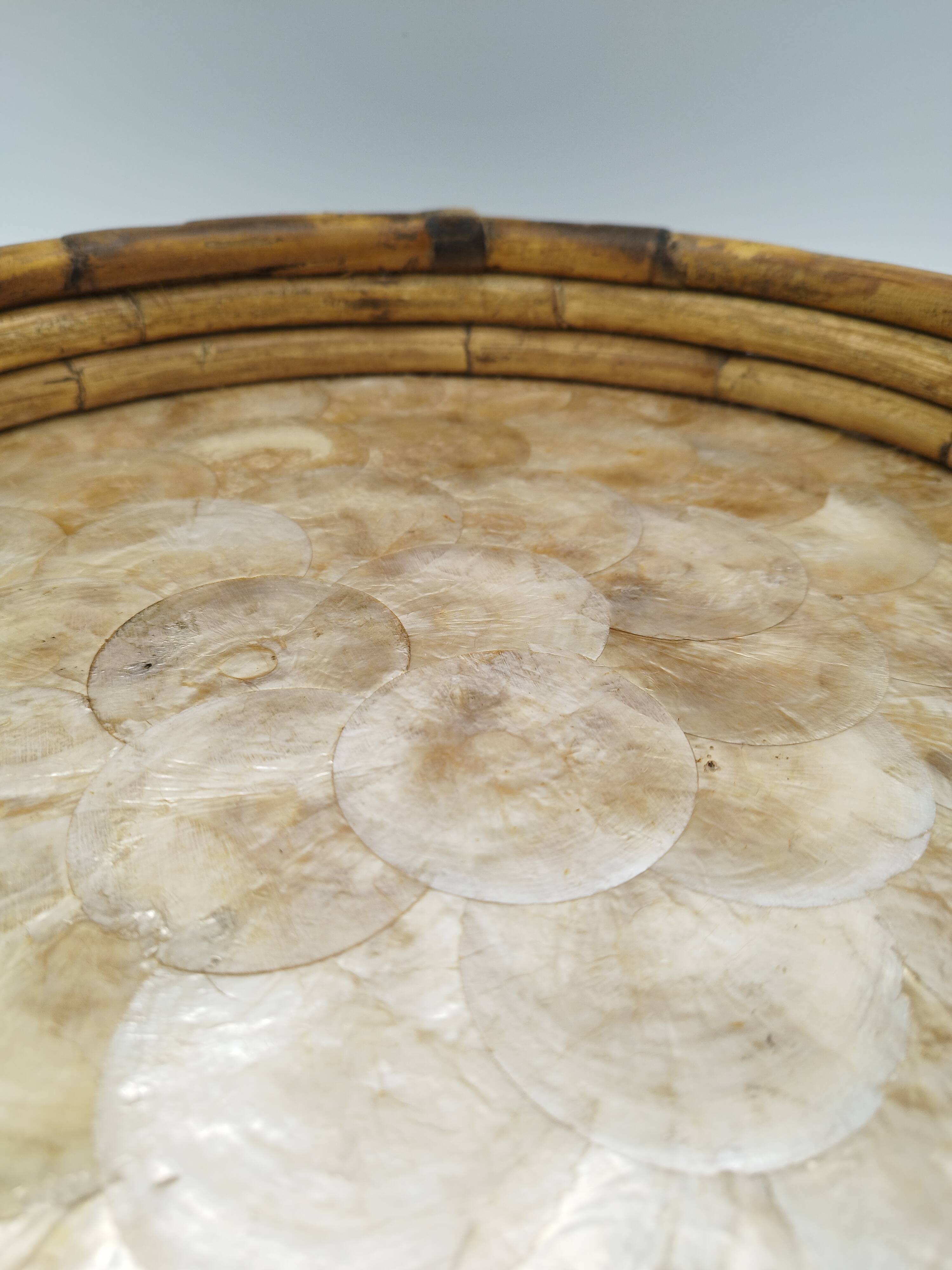 Vintage round bamboo and Capiz shell platter – Italy, 1970s