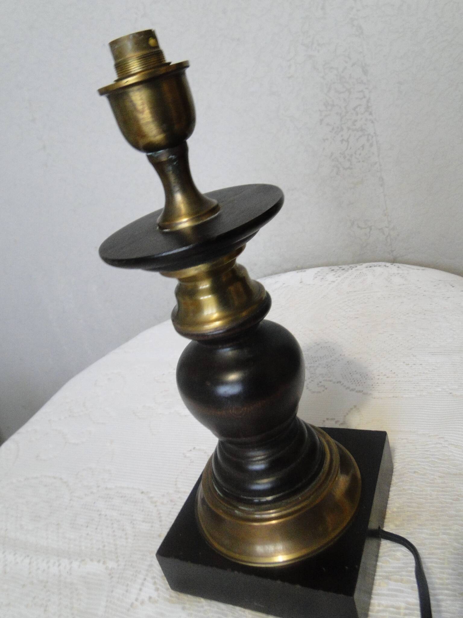Large wood and brass table lamp stand on square base