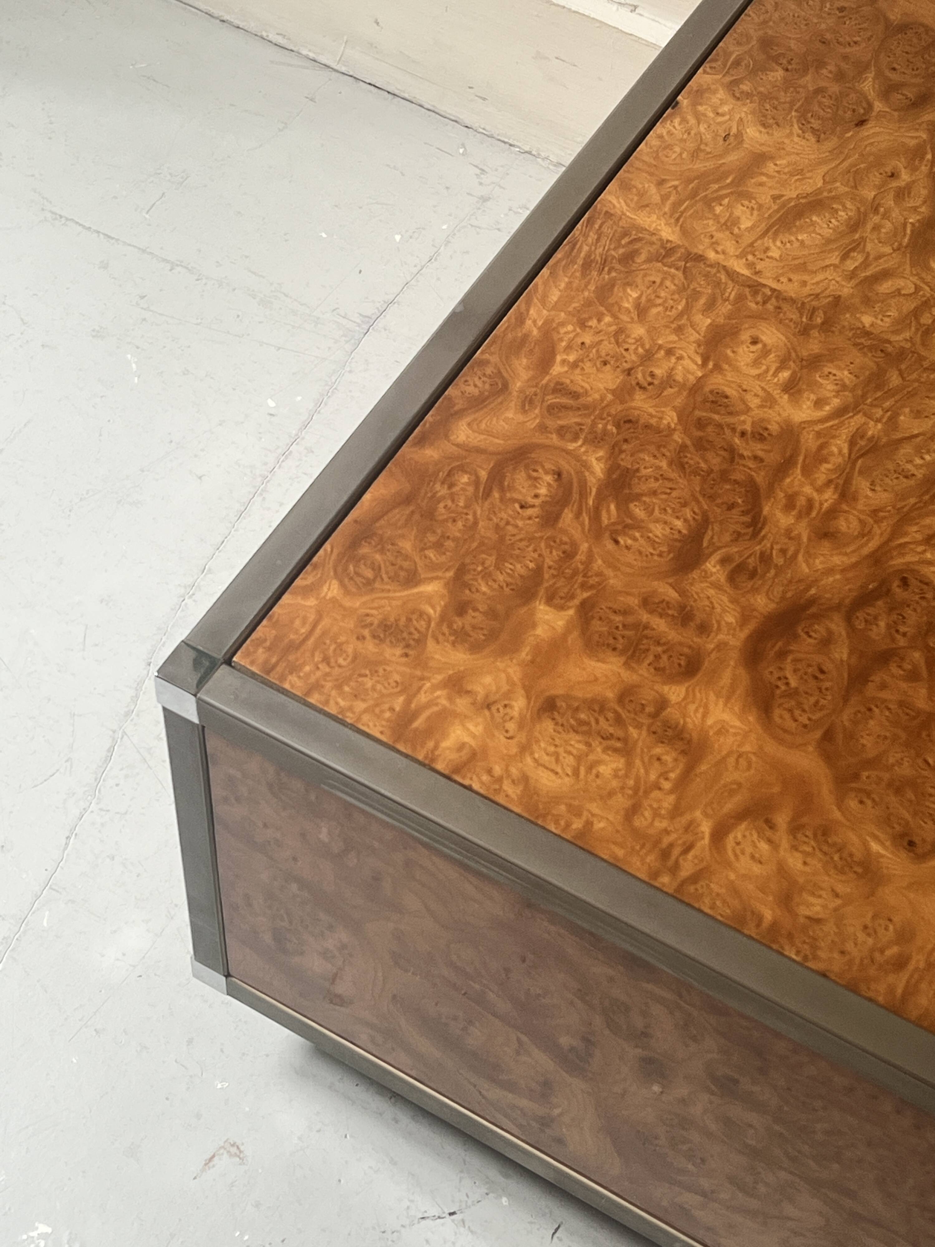 Coffee table in elm burl and chrome in the style of Willy Rizzo, 1970.
