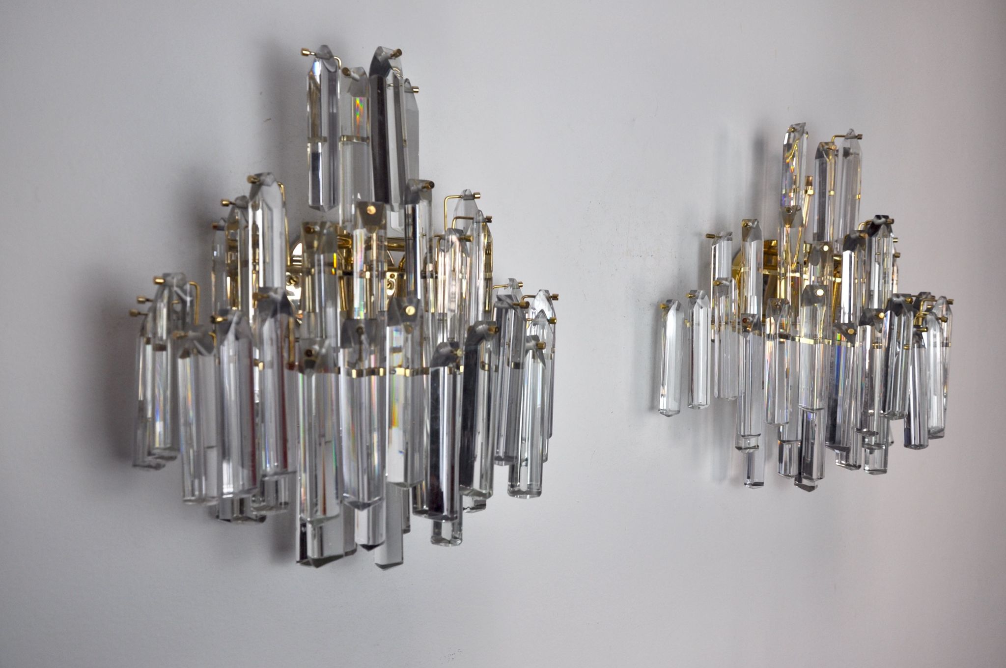 Pair of venini wall lamps, 3 levels, murano glass, italy, 1970